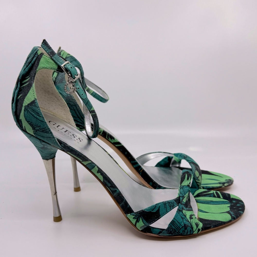 Guess By Marciano Tropical Jungle Green Leaf Floral Strap Stilettos Sandals